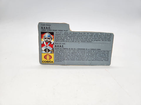 1986 Hasbro GI Joe ARAH Cobra Terror Drome Firebat Pilot A.V.A.C. File Card.