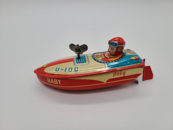 Vintage 30's-40's Large 18 Toy Tin Litho Windup Speed Boat - Ruby